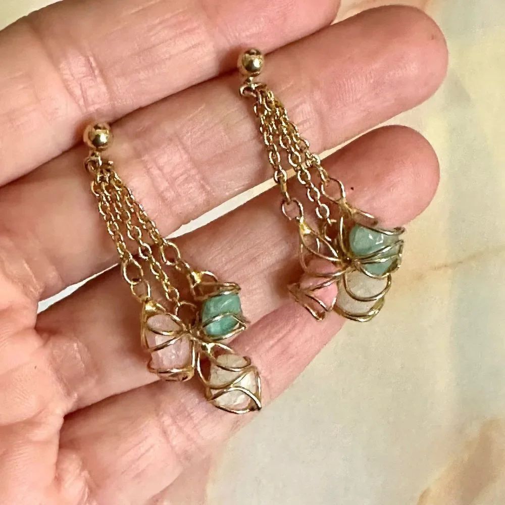 Gold tone chain Quartz post drop earrings